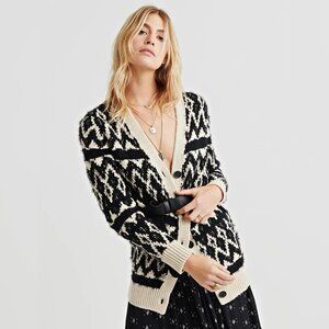 LUCKY BRAND Black & Cream Diamond Fair Isle Eyelash Cardigan Sweater Women's XS